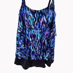 Longitude Womens Size 14 Blue Purple One piece Swimsuit ruffled layers